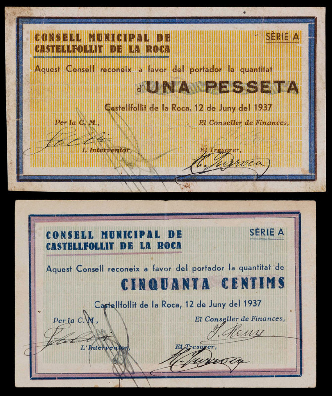 Castellfollit de la Roca. 50 céntimos y 1 peseta. (T. 847 y 848). 2 billetes, to...