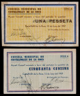 Castellfollit de la Roca. 50 céntimos y 1 peseta. (T. 847 y 848). 2 billetes, todos los del Consell Municipal. La peseta, nº 345. MBC-/MBC.