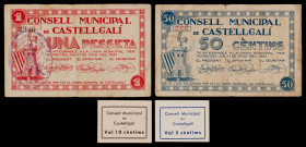 Castellgalí. 5, 10, 50 céntimos y 1 peseta. (T. 853a, 854a, 855 y 856a). 2 billetes y 2 cartones, éstos muy raros, todos los de la localidad. Los 50 c...