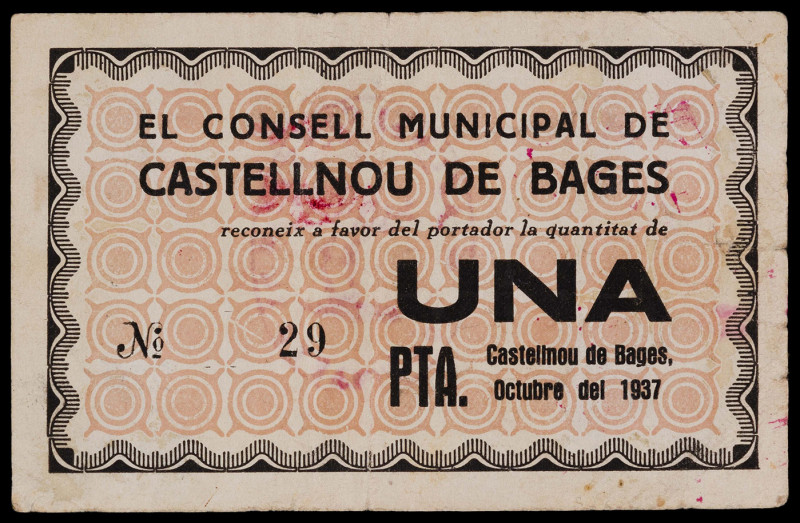 Castellnou de Bages. 1 peseta. (T. 857). Un billete, nº 29. Muy raro. BC+.