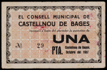 Castellnou de Bages. 1 peseta. (T. 857). Un billete, nº 29. Muy raro. BC+.