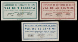 Castellnou de Seana. 25, 50 céntimos y 1 peseta. (T. 866 a 868). 3 billetes, serie completa. Los 25 céntimos, nº 0332. Raros. BC+/EBC-.