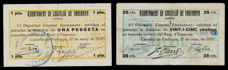 Castelló de Farfanya. 25 céntimos y 1 peseta. (T. 872d y 874c). 2 billetes. Muy ...