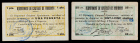 Castelló de Farfanya. 25 céntimos y 1 peseta. (T. 872d y 874c). 2 billetes. Muy raros. BC/MBC-.