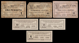 Castellví de la Marca. 25 (dos), 50 céntimos (dos) y 1 peseta (dos). (T. 903 a 906, 907, mismo ejemplar y 908). 6 billetes, todos los de la localidad....