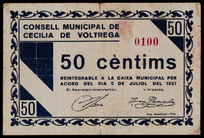 Cecília de Voltregà. 50 céntimos. (T. 919). Nº 0100. Raro. BC.
