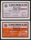 Celrà. 50 céntimos y 1 peseta. (T. 927 y 928a). 2 billetes, todos los de la localidad. Escasos así. EBC+.