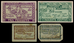 Centelles. 50 céntimos (dos) y 1 peseta (dos). (T. 929, 930, 931a y 932). 2 billetes y 2 cartones, todos los de la localidad. Los 50 céntimos de la pr...