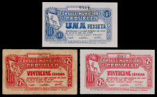 Cervelló. 25 céntimos (dos) y 1 peseta. (T. 941 a 943). 3 billetes, una serie completa (emisión sin palmera). BC+/EBC+.