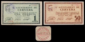 Cervera. 10, 50 céntimos y 1 peseta. (T. 944 y 945). 2 billetes del Ajuntament y un cartón de la "Casa del Poble", (AL 3298) (RGH 7558). MBC-/MBC.