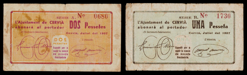 Cervià de les Garrigues. 1 y 2 pesetas. (T. 946 y 947). 2 billetes, serie comple...