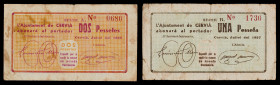 Cervià de les Garrigues. 1 y 2 pesetas. (T. 946 y 947). 2 billetes, serie completa. Muy raros. BC/BC+.