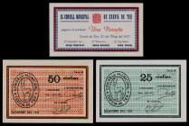 Cervià de Ter. 25, 50 céntimos y 1 peseta. (T. 952b, 953 y 954). 3 billetes, todos los de la localidad. Escasos así. EBC+.