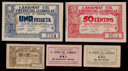 Cirerer del Llobregat. 25, 50 céntimos (dos) y 1 peseta (dos). (T. 955 a 959). 2 cartones y 3 billetes, todos los de la localidad. Conjunto raro. BC+/...