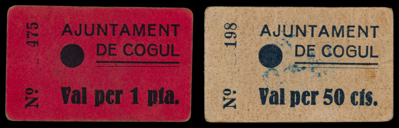 Cogul. 50 céntimos y 1 peseta. (T. 981 y 982). 2 cartones, nº 198 y 475. Rarísim...