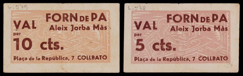 Collbató. Forn de Pa Aleix Jorba Màs. 5 y 10 céntimos. (AL. 578 y 579) (RGH. 763...