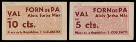 Collbató. Forn de Pa Aleix Jorba Màs. 5 y 10 céntimos. (AL. 578 y 579) (RGH. 7635 y 7636). 2 billetes, serie completa. BC+/MBC-.