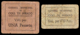 Coll de Nargó. 50 céntimos y 1 peseta. (T. 996 y 997). 2 cartones, todos los de la localidad. Muy raros. BC/BC+.