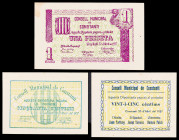 Constantí. 25, 50 céntimos y 1 peseta. (T. 1004 a 1006). 3 billetes, serie completa. Raros y más así. EBC+.
