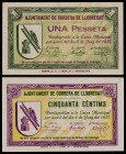 Corbera de Llobregat. 50 céntimos y 1 peseta. (T. 1009 y 1010). 2 billetes, todos los de la localidad. Escasos. MBC+/EBC.