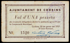 Corbins. 1 peseta. (T. 1021). Único billete del Ajuntament. Rarísimo. MBC-.
