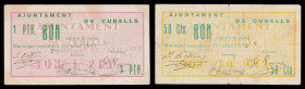 Cubelles. 50 céntimos y 1 peseta. (T. 1043a y 1044). 2 billetes. Nº 458 y 494. Muy raros. BC+/MBC-.
