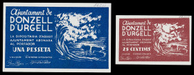 Donzell d'Urgell. 25 céntimos y 1 peseta. (T. 1051 y 1052). 2 billetes, todos los de la localidad. La peseta, nº 00227. Ex Áureo, Colección Quevedo 26...