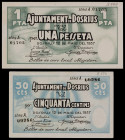 Dosrius. 50 céntimos y 1 peseta. (T. 1053a y 1054). 2 billetes, todos los de la localidad. MBC+/EBC.