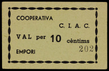 Empori. Cooperativa C. I. A. C. 10 céntimos. (AL. 1847) (RGH. 7739). Cartón nº 202. Ejemplar correlativo al subastado por Áureo & Calicó 30/05/2018, n...