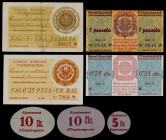 Esparreguera. 5, 10 (dos), 25 céntimos (dos) y 1 peseta (dos). (T. 1072, 1073a, 1074b, 1075d, 1077a, 1081 y fata) (T. edición 2007, nº 944). 4 billete...