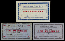 Esparreguera. Manufacturas Sedó E.C. 25 céntimos y 1 peseta. (AL. 610 y 611) (RGH. 7757 y 7758). 3 billetes. BC/EBC.
