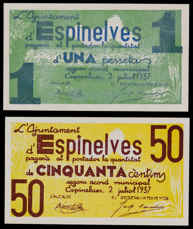 Espinelves. 50 céntimos y 1 peseta. (T. 1082 y 1083). 2 billetes, todos los de l...