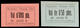 Espluga Calva. 50 céntimos y 1 peseta. (T. 1084 y 1085). 2 cartones, series completas. Leves restos de charnela en reverso. Muy raros y más así. EBC....