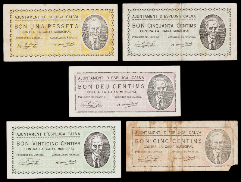 Espluga Calva. 5, 10, 25, 50 céntimos y 1 peseta. (T. 1086 a 1090). 5 billetes, ...