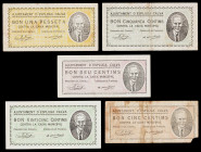 Espluga Calva. 5, 10, 25, 50 céntimos y 1 peseta. (T. 1086 a 1090). 5 billetes, serie completa. Los 10 céntimos, nº 000338, los 25 céntimos, nº 000135...