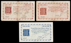 Esterri d'Aneu. 50 céntimos y 1 peseta (dos). (T. 1116g, 1117a y 1118a). 3 billetes. Nº 0125, 0227 y 0287. Raros. BC/MBC-.