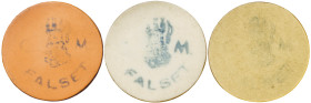 Falset. 50 céntimos, 1 y 2 pesetas. (T. 1121, 1122b y 1123). 3 monedas en celuloide, serie completa. Muy raros. BC/MBC+.