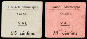 Falset. 15 y 25 céntimos. (T. 1131a y 1133). 2 cartones. Muy raros. BC+/MBC.