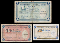 Fígols de Segre. 25, 50 céntimos y 1 peseta. (T. 1169, 1170 y 1171 var). 3 cartones, serie completa. Escasos. BC-/EBC.