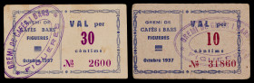 Figueres. Gremi de Cafès i Bars. 10 y 30 céntimos. (AL. 1861 y 1862) (RGH. 7856 y 7857). 2 billetes. Escasos. MBC-/MBC+.