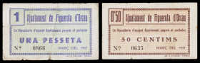 Figuerola d'Orcau. 50 céntimos y 1 peseta. (T. 1180 y 1181a). 2 billetes, todos los de la localidad. Muy raros. BC/BC+.