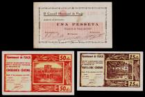 Flaçà. 25, 50 céntimos y 1 peseta. (T. 1184 a 1186). 3 billetes, todos los de la localidad. MBC-/MBC+.