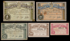 Fonts de Sacalm. 5, 10, 25, 50 céntimos y 1 peseta. (T. 1209 a 1213). 5 billetes, todos los de la localidad. BC/EBC.