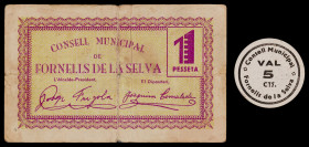 Fornells de la Selva. 5 céntimos y 1 peseta. (T. 1222 y 1223). Un cartón redondo y un billete, nº 00151, todos los de la localidad. Muy raros. BC/EBC....