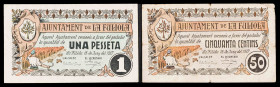La Fuliola. 50 céntimos y 1 peseta. (T. 1239 y 1240). 2 billetes, serie completa. Escasos. BC/MBC.