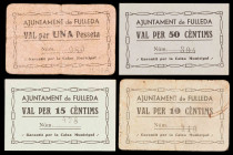 Fulleda. 10, 15, 50 céntimos y 1 peseta. (T. 1243a, 1244a, 1246 y 1247). 4 cartones. El de 10 céntimos, nº 110. Muy raros. BC/EBC.