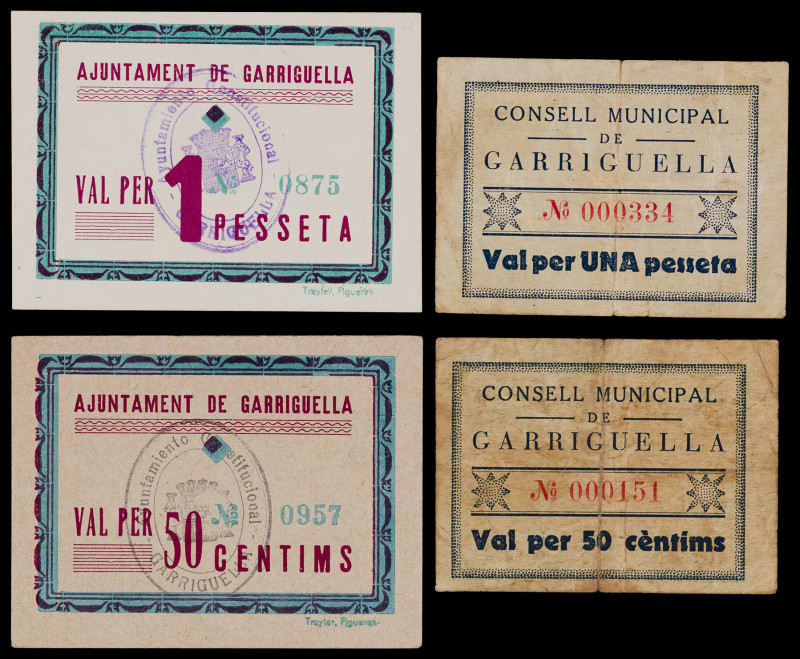 Garriguella. 50 céntimos (dos) y 1 peseta (dos). (T. 1274, 1275a, 1276a y 1277a)...