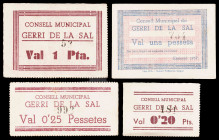 Gerri de la Sal. 20, 25 céntimos y 1 peseta (dos). (T. 1290 a 1293). 4 cartones, todos los de la localidad. Una peseta, nº 53 y 20 céntimos, nº 181. C...