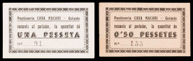 Golmés. Pastisseria Casa Macari. 50 céntimos y 1 peseta. (AL. 3427 y 3428) (RGH. 8072 y 8073). 2 cartones, nº 91 y 155. Escasos así. EBC-/EBC.