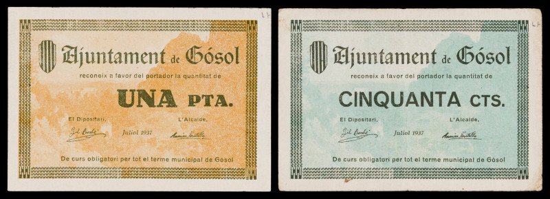 Gósol. 50 céntimos y 1 peseta. (T. 1326 y 1327). 2 billetes, todos los de la loc...